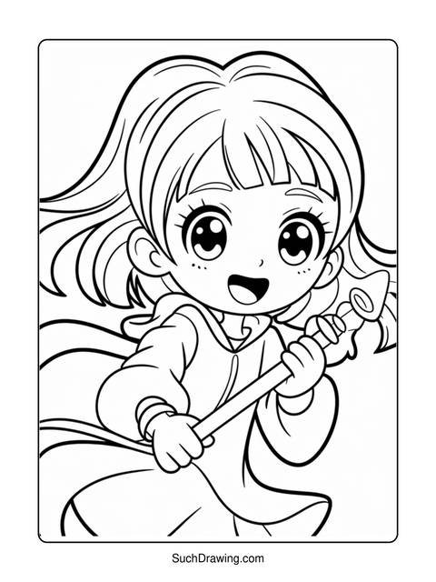 Line art of a smiling girl holding a staff, ready for coloring