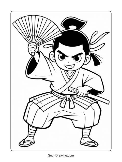 A cartoon samurai in a fighting stance, holding a fan and sword