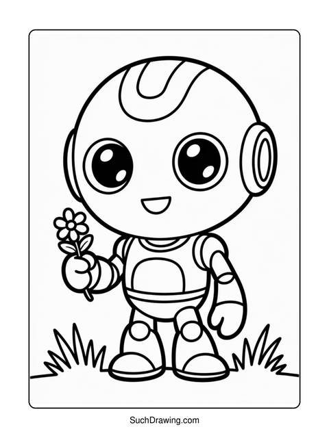 A cute robot holding a flower, ready to be colored