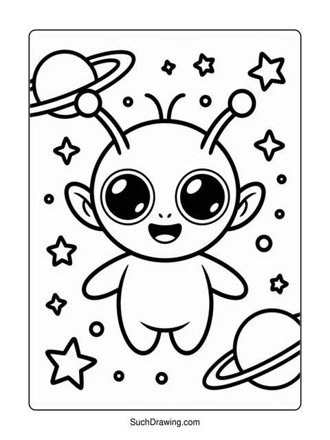 Black and white coloring page of a friendly alien with planets and stars
