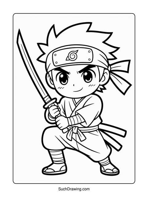 A cartoon ninja holding a sword, ready for action, in a coloring page
