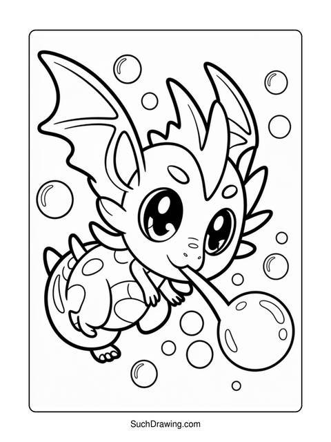 A cute dragon blowing a bubble, surrounded by other bubbles