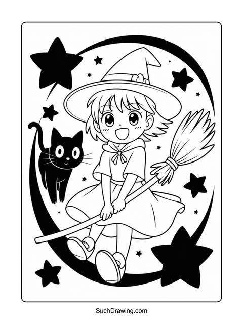 Line art of a witch with a cat, stars, and a broom