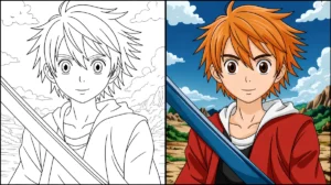 Anime coloring page featuring a young male character with a sword