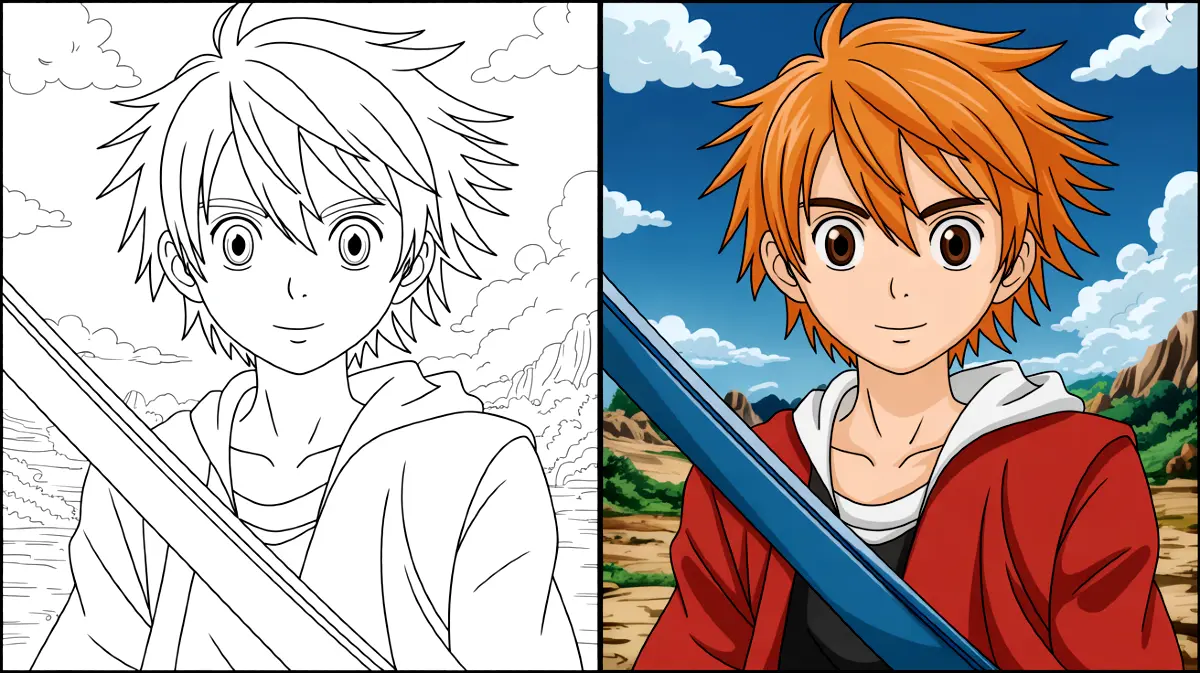 Anime coloring page featuring a young male character with a sword