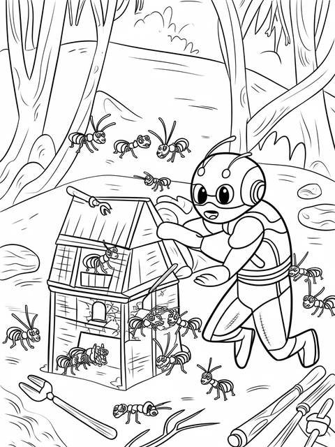Ant-man joining forces with ants near a house, from the 'ant man' cover