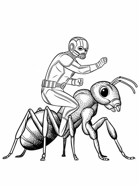 Ant-man riding on the back of a giant ant, a coloring page illustration