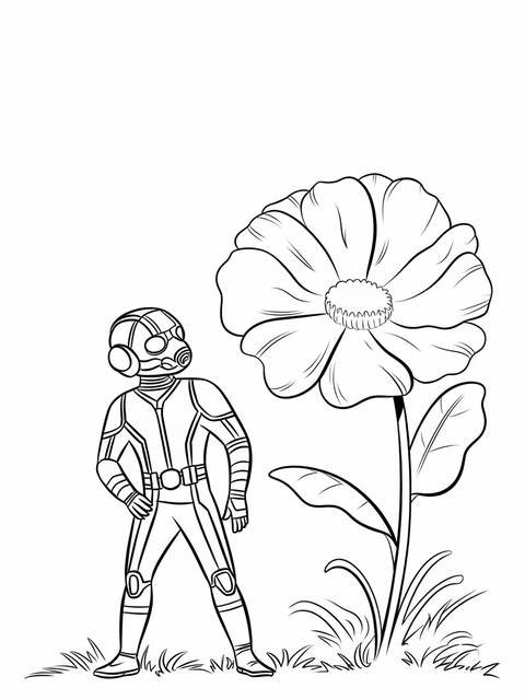 Ant-man standing next to a giant flower, a coloring page illustration