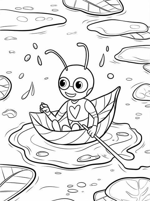Ant man, in a leaf boat, paddles across water, a coloring page illustration