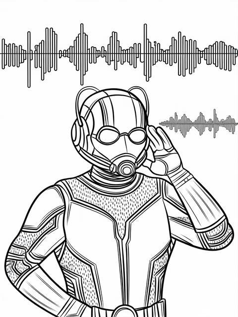 Ant-man listening to audio waves, possibly tuning into the ant com, as a coloring page