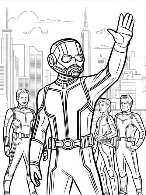 Ant-man waving goodbye, with other characters and city skyline in the background