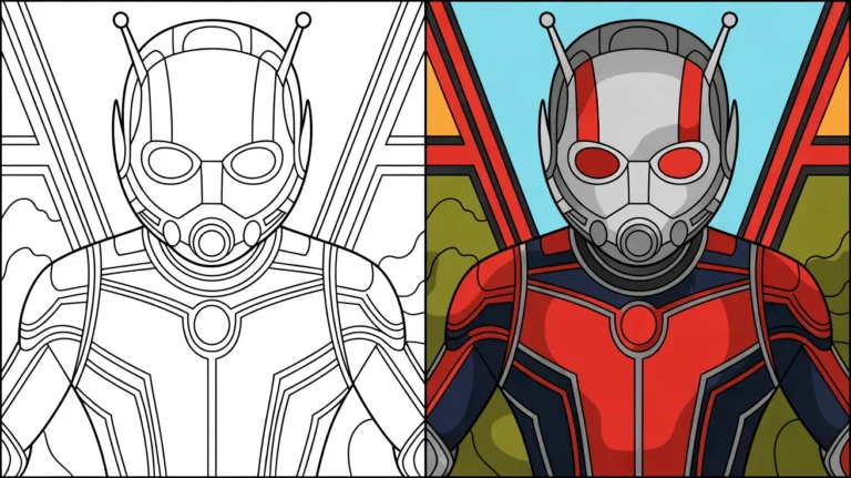 Ant-man coloring page with two panels: one outlined, one colored, showcasing the hero