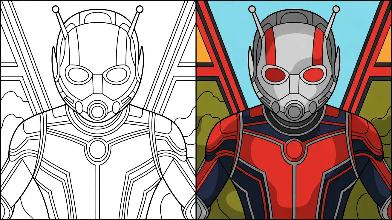 Ant-man coloring page with two panels: one outlined, one colored, showcasing the hero