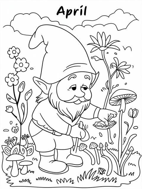 April garden gnome tending flowers and mushrooms in a detailed black and white illustration