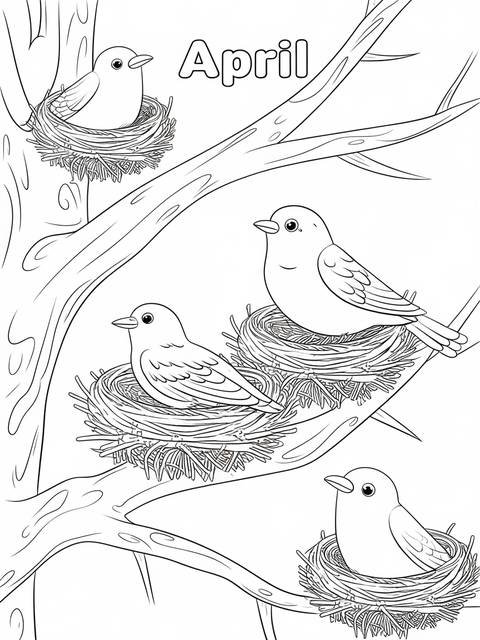 A coloring page titled 'april' depicting birds on a tree branch building nests
