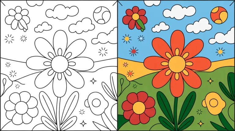 April coloring page: a two-panel image with flowers, clouds, and a colorful landscape