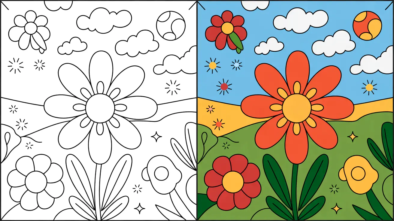 April coloring page: a two-panel image with flowers, clouds, and a colorful landscape