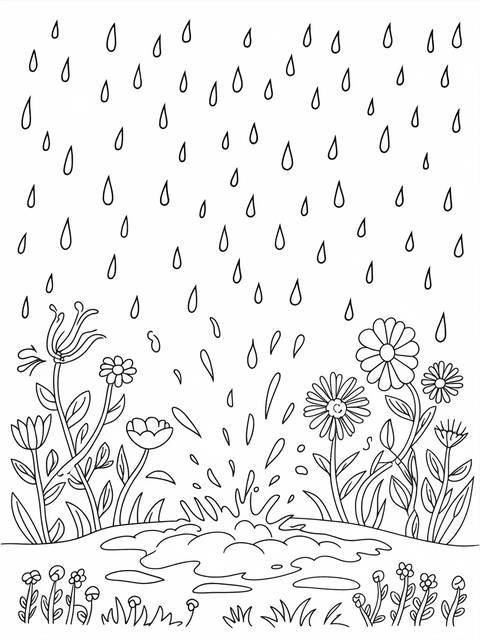 Black and white illustration of april raindrops splashing into a puddle with flowers