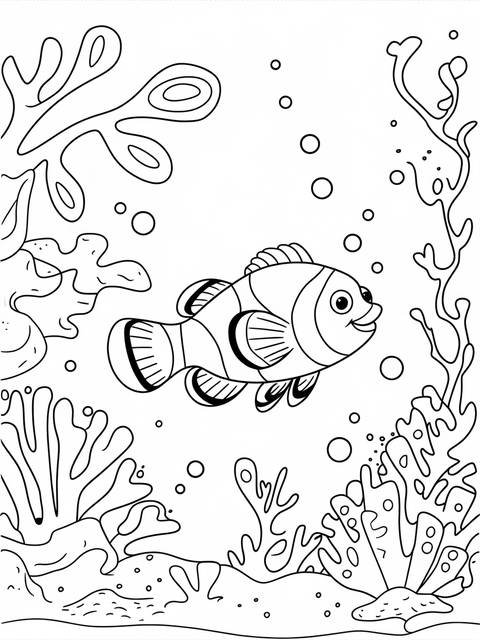 Aquarium coloring page featuring a cheerful clownfish swimming amongst coral and bubbles