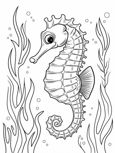 Line art of a seahorse in an aquarium, entwined with seaweed, ready to color