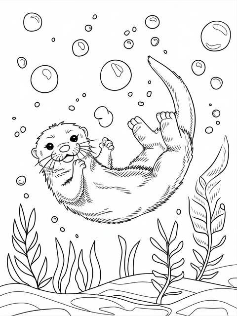 Playful otter floating in an aquarium, surrounded by bubbles and aquatic plants