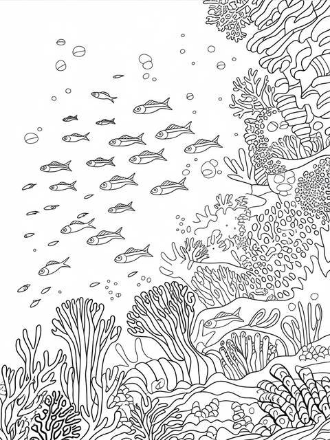 Aquarium coloring page: school of small fish swimming near coral and plants
