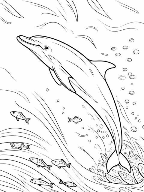 A sleek dolphin leaps through water, surrounded by fish, in an aquarium scene