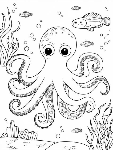 Whimsical octopus in an aquarium coloring page, with fish and bubbles