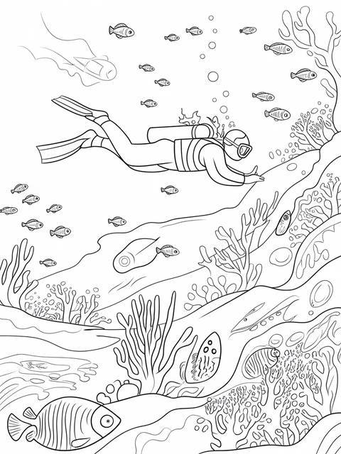 Scuba diver exploring an aquarium with fish and coral, adventure cover illustration