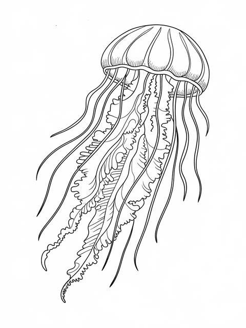 Line art of an exotic jellyfish with flowing tentacles, perfect for coloring
