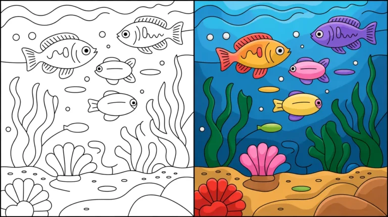 Aquarium coloring page featuring fish, seaweed, and coral in a two-panel design