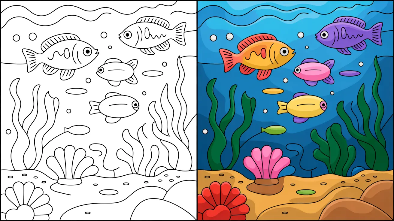 Aquarium coloring page featuring fish, seaweed, and coral in a two-panel design