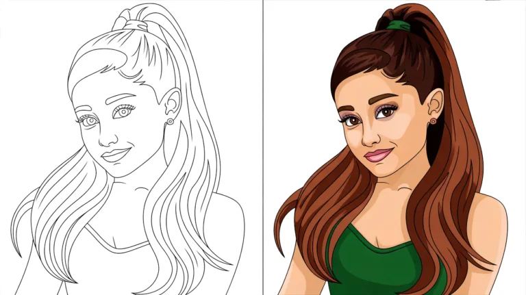 Ariana grande coloring page: a two-panel image, one colored, one a line drawing