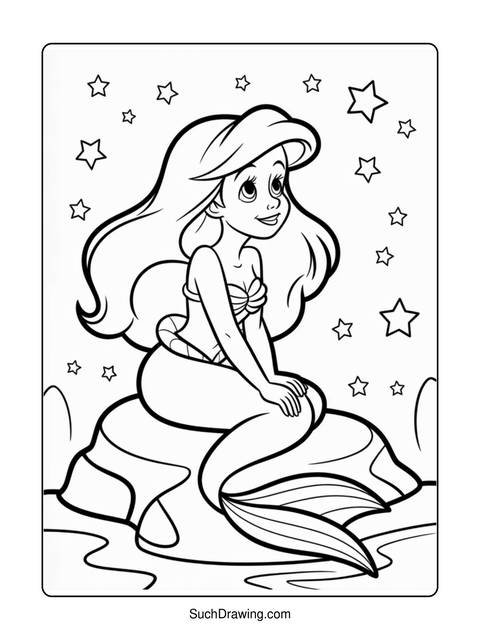 Line art of a mermaid sitting on a rock, surrounded by stars