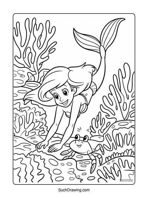 Black and white coloring page of a mermaid and a crab underwater