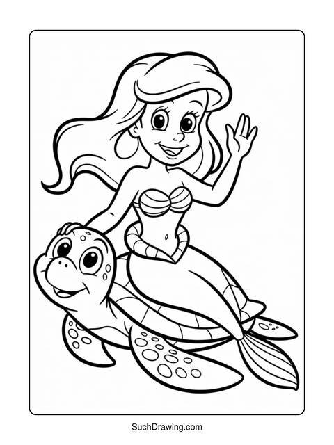 Line art coloring page of a mermaid riding a sea turtle, waving