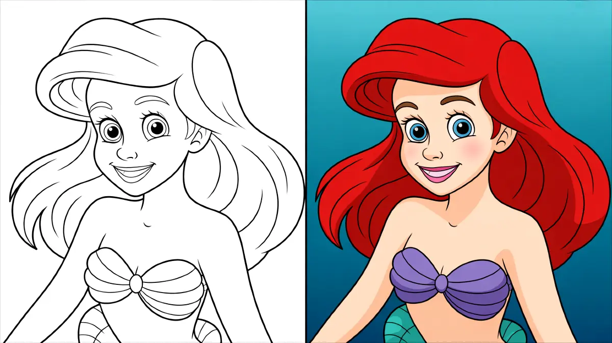 Ariel from the little mermaid, shown in both a coloring page and colored version