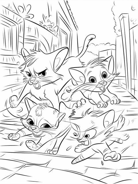 Aristocats coloring page: energetic chase sequence featuring four playful kittens