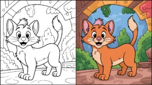 Aristocats coloring page featuring a smiling orange kitten in two panels