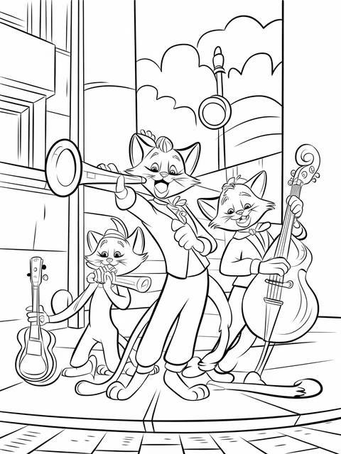 Aristocats' jazzy alley cat band playing instruments in a black and white illustration