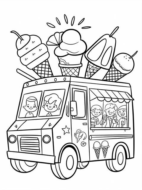 Black and white illustration of an ice cream truck with various ice cream treats