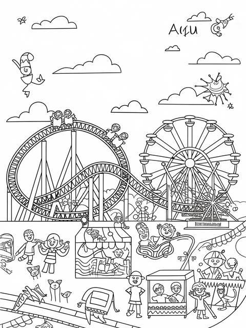 Black and white coloring page of a fun-filled amusement park with roller coaster