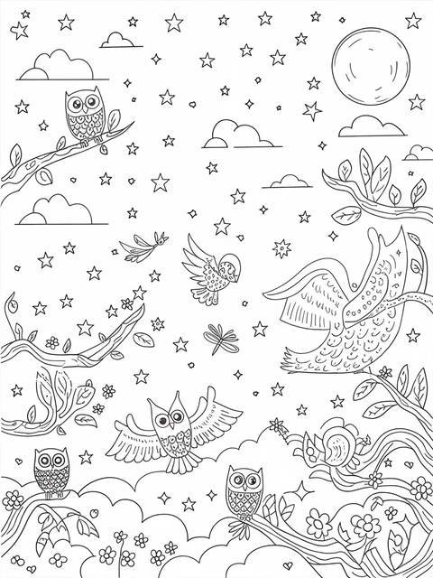 Black and white coloring page of owls in a magical night sky with stars