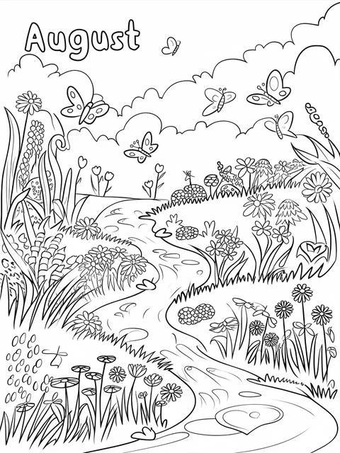 A tranquil garden scene with butterflies, flowers, and a winding stream for august