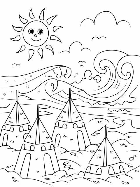 Whimsical beach scene with sandcastles, waves, and a smiling sun; august cover