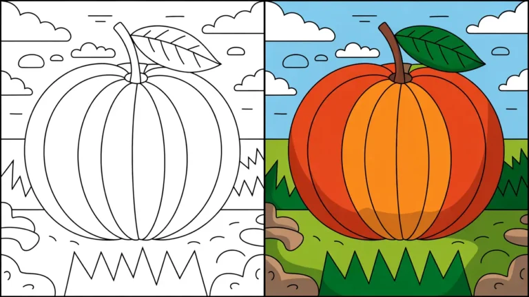 August coloring page: a two-panel image of a pumpkin, one colored, one outlined