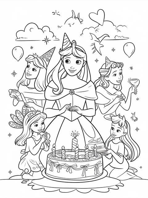 Aurora and friends celebrate with cake and balloons; a coloring page cover
