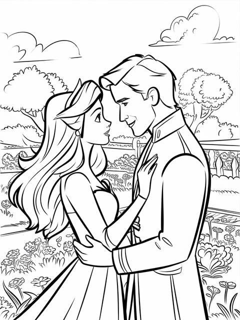 Aurora and prince phillip embrace, a coloring page from the cover art