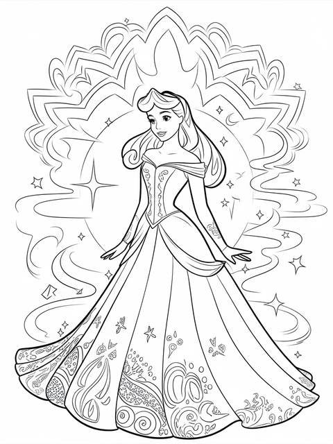 Line art of aurora in her iconic gown, from the cover of a book