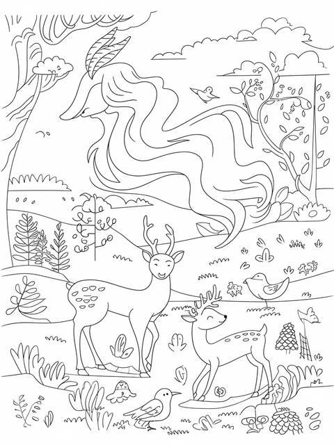 Aurora interacting with woodland creatures: deer and birds in a coloring page